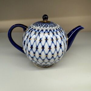 Lomonosov Russian Imperial Porcelain Gold Detailing Cobalt Net Teapot 3 Cup